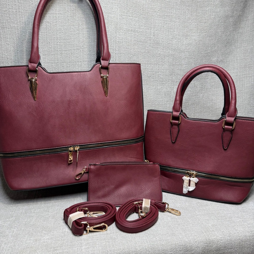 3 Piece Handbag Set Burgundy Maroon Vegan Leather Tote Satchel Crossbody